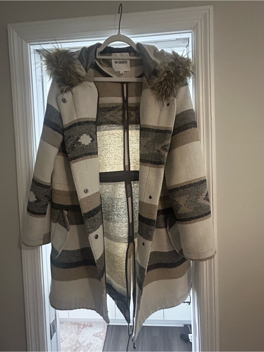 BB Dakota Cream, Tan & Gray Striped Hooded Coat with Faux Fur Trim